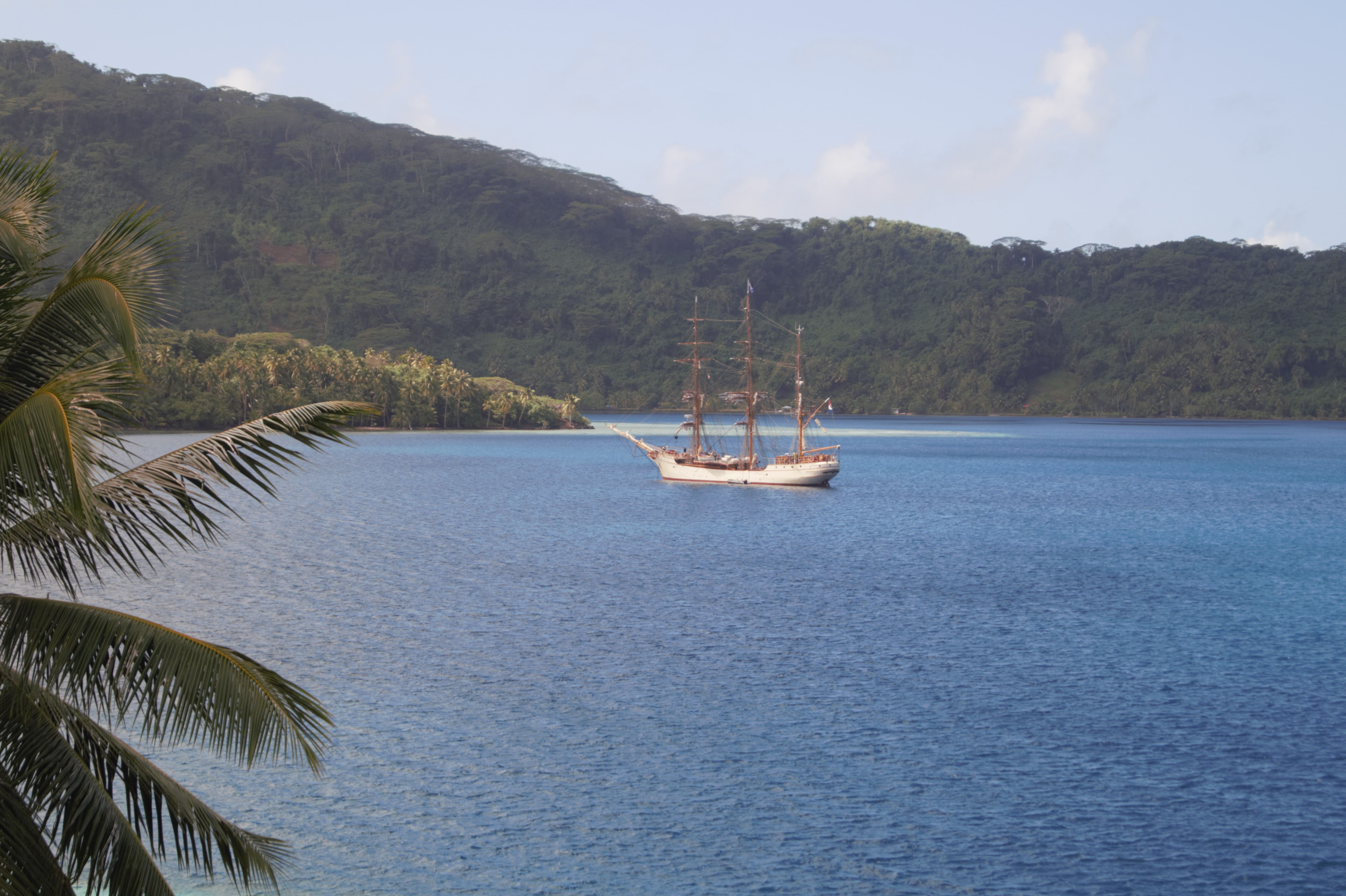 Bark EUROPA in a sheltered tropical anchorage in the Cook Islands